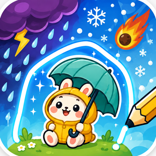 Sticker Safehouse app icon: a bunny in a yellow raincoat holding an umbrella under a drawn ink roof, with a storm cloud, snow and a meteor overhead